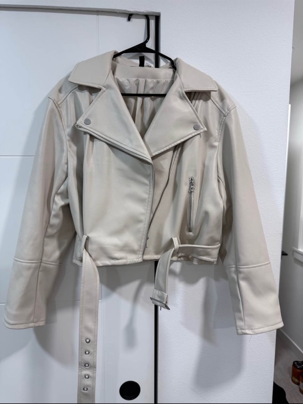Womens Cream Faux Leather Moto Jacket with Belt new